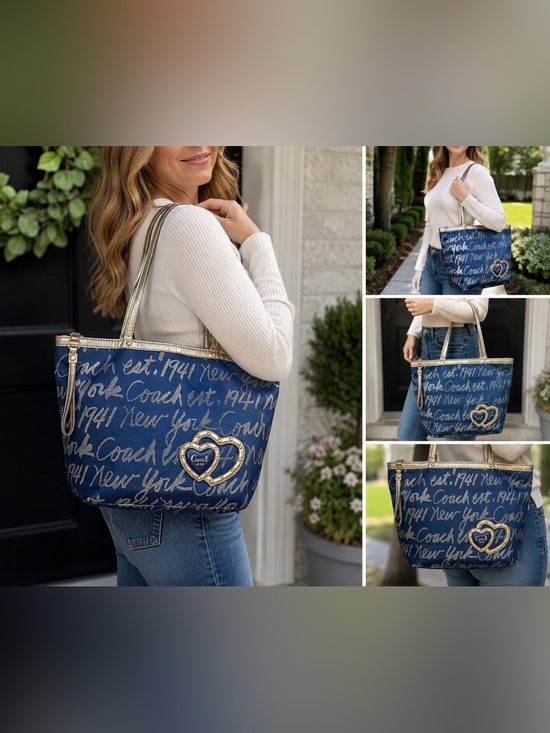 Coach Handbags - Coach Blue Graffiti Script Tote Bag Gold Trim Heart Charm Zip Top Purse